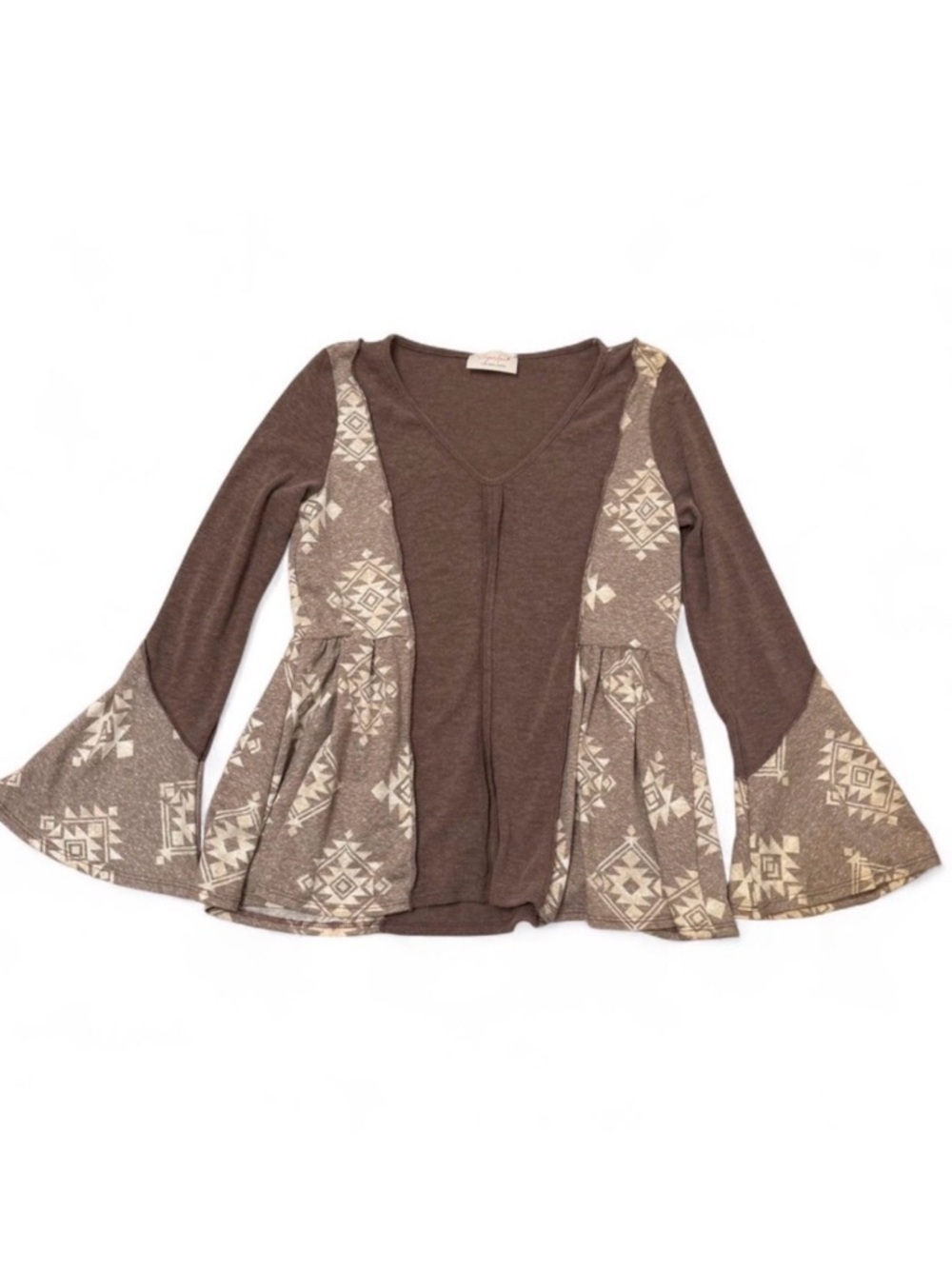 Sugarfox Aztec Babydoll Bell Sleeve Blouse Top Womens Medium Boho Western Spring